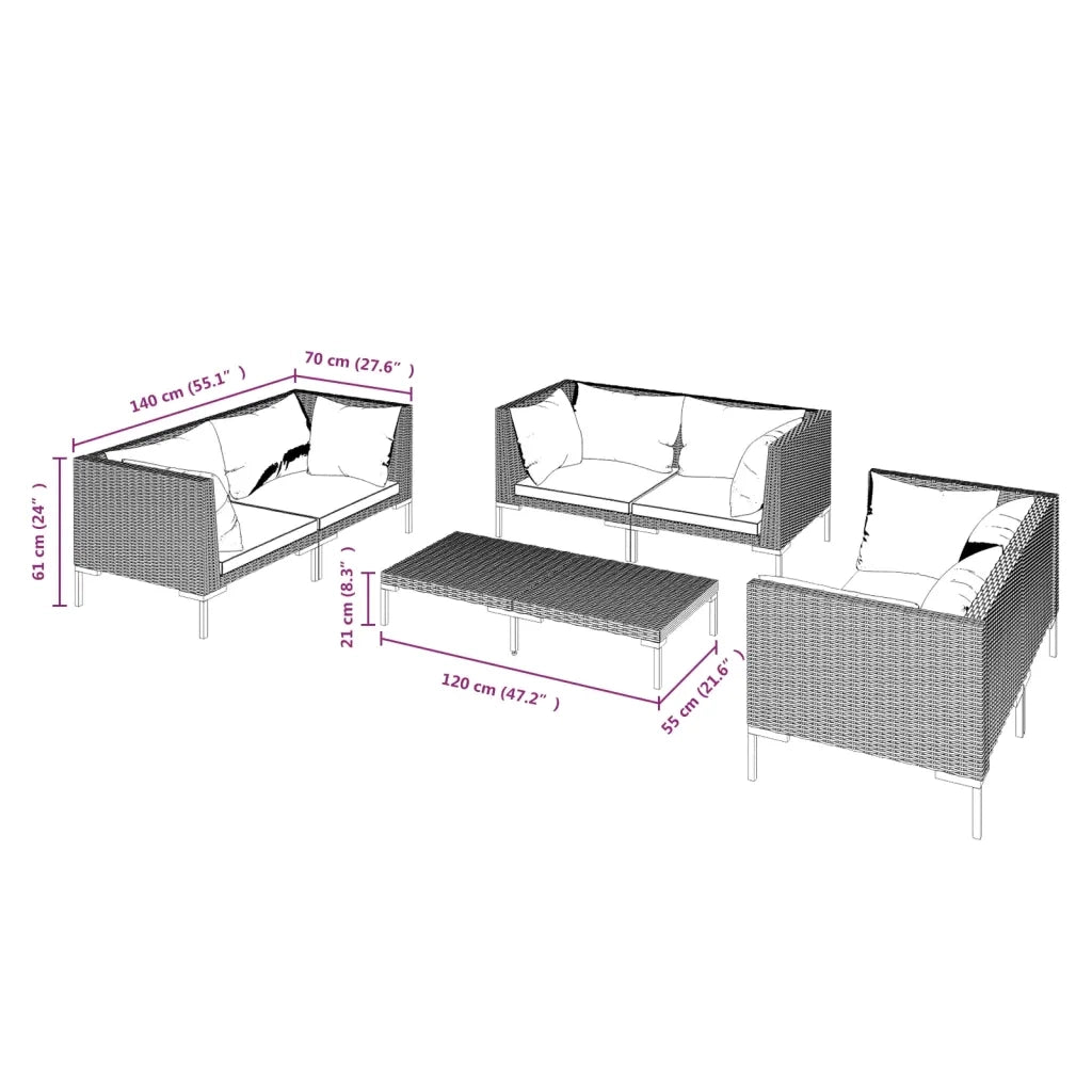 Set Divani Giardino 7 pz con Cuscini in Polyrattan Grigio Scuro cod mxl 41966
