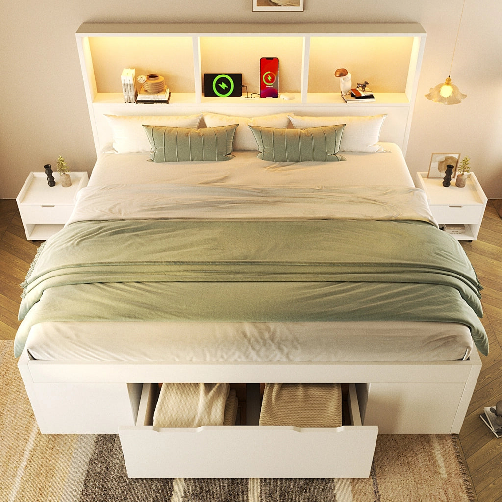 DESMIU Letto Matrimoniale 140 × 190 cm con 2 comodini mobili, LED, USB e Type-C, senza materasso, bianco