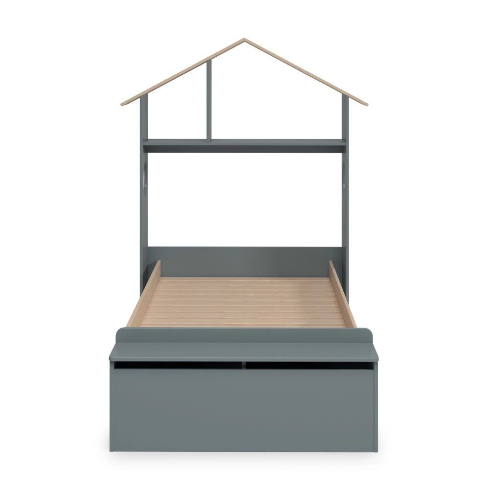 Letto singolo Odessa in legno massiccio con testiera a casetta e pediera contenitore verde cachi e pino 216,5x128,5x153H