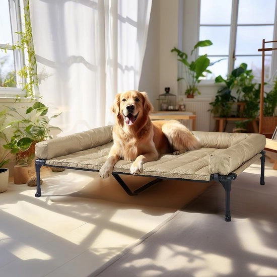Letto Esterno Elevato per Cani, Letto Elevato per Cani con Cuscino Removibile, Letto Elevato per Cani con Ventilazione per Letto in Tessuto Teslin per Interno e Esterno, Beige 125 x 83 x 22,5 cm