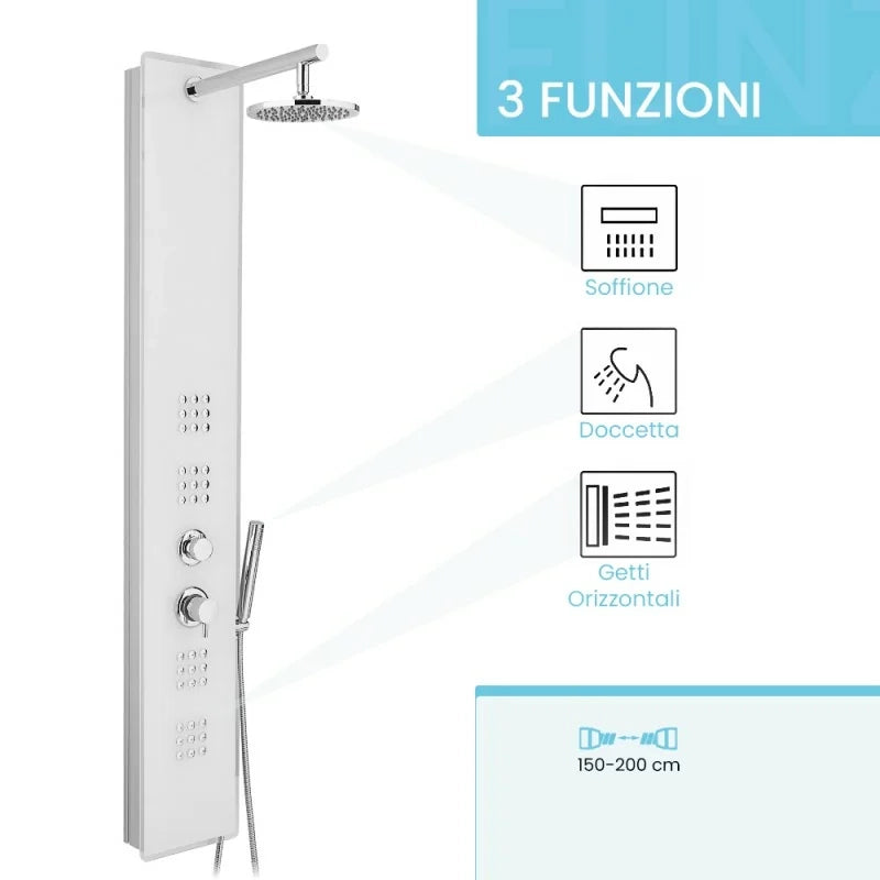 Colonna doccia in vetro bianco con 3 funzioni e flessibile estensibile