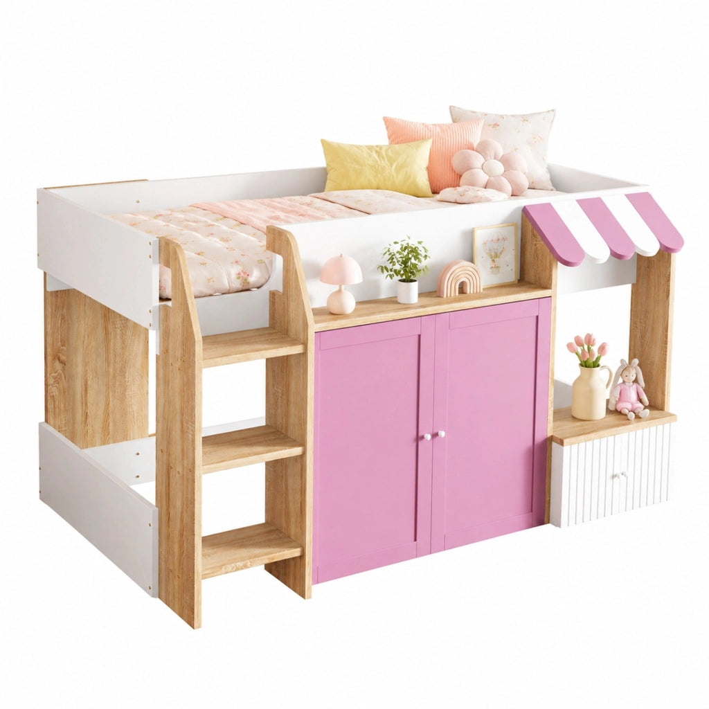 Letto a soppalco basso per bambini 90x200 cm con scala; vani contenitore e design casetta; rosa e bianco
