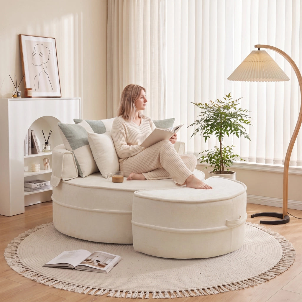 Poltrona chaise longue rotonda con pouf e 5 cuscini - in ciniglia e schiuma - beige