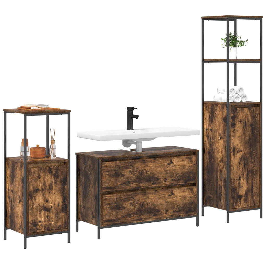 Set di mobili per bagno 3 pezzi in rovere fumÃ© in legno ingegnerizzato