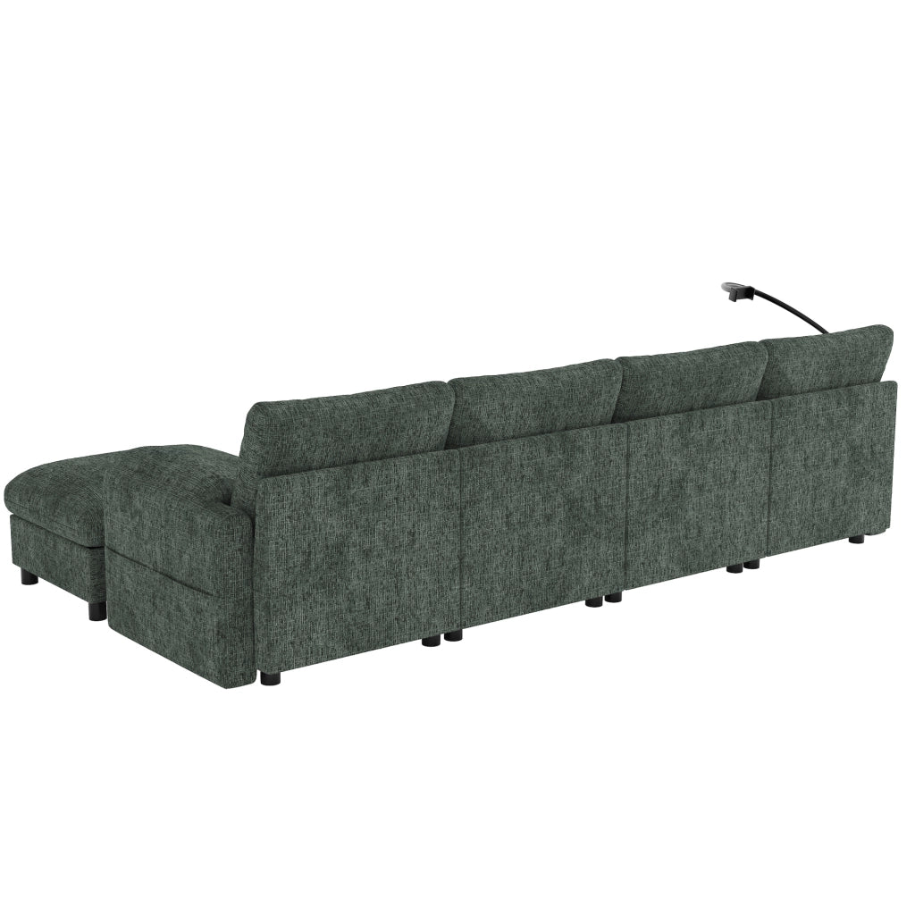 Divano modulare in chenille con 2 pouf contenitore; USB e Type-C; supporto telefono; 273;5x133x81 cm verde