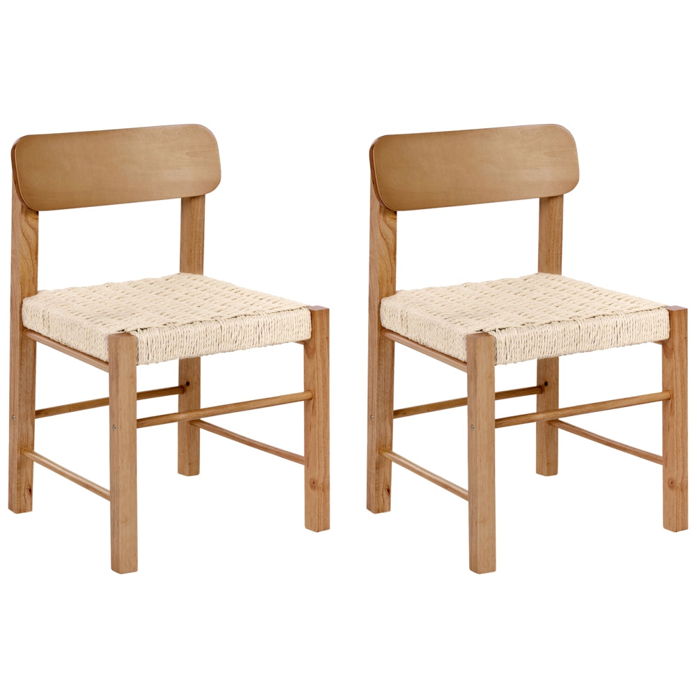 Set di 2 sedie da pranzo in legno di gomma marrone con seduta intrecciata in corda di carta stile boho per cucina e sala da pranzo