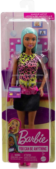 Barbie Carriere - Carriera Make-up, bambola dai capelli blu, top colorato a stampa leopardata e scarpe rosa con plateau,