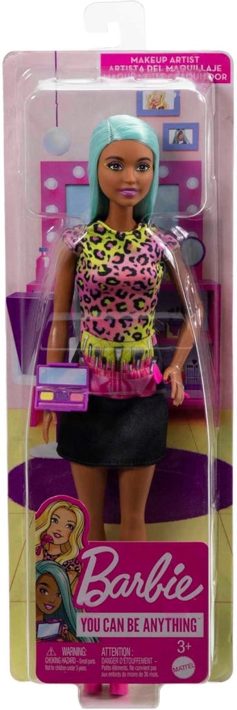 Barbie Carriere - Carriera Make-up, bambola dai capelli blu, top colorato a stampa leopardata e scarpe rosa con plateau,