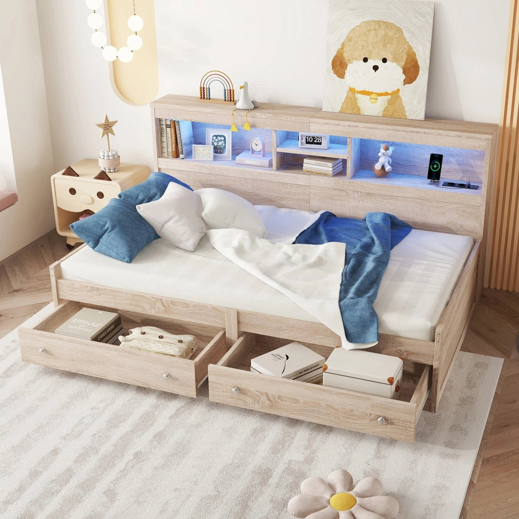 Letto a Divanetto Singolo 90x200 cm; 1 Posto - USB; Prese di Ricarica e LED - Naturale