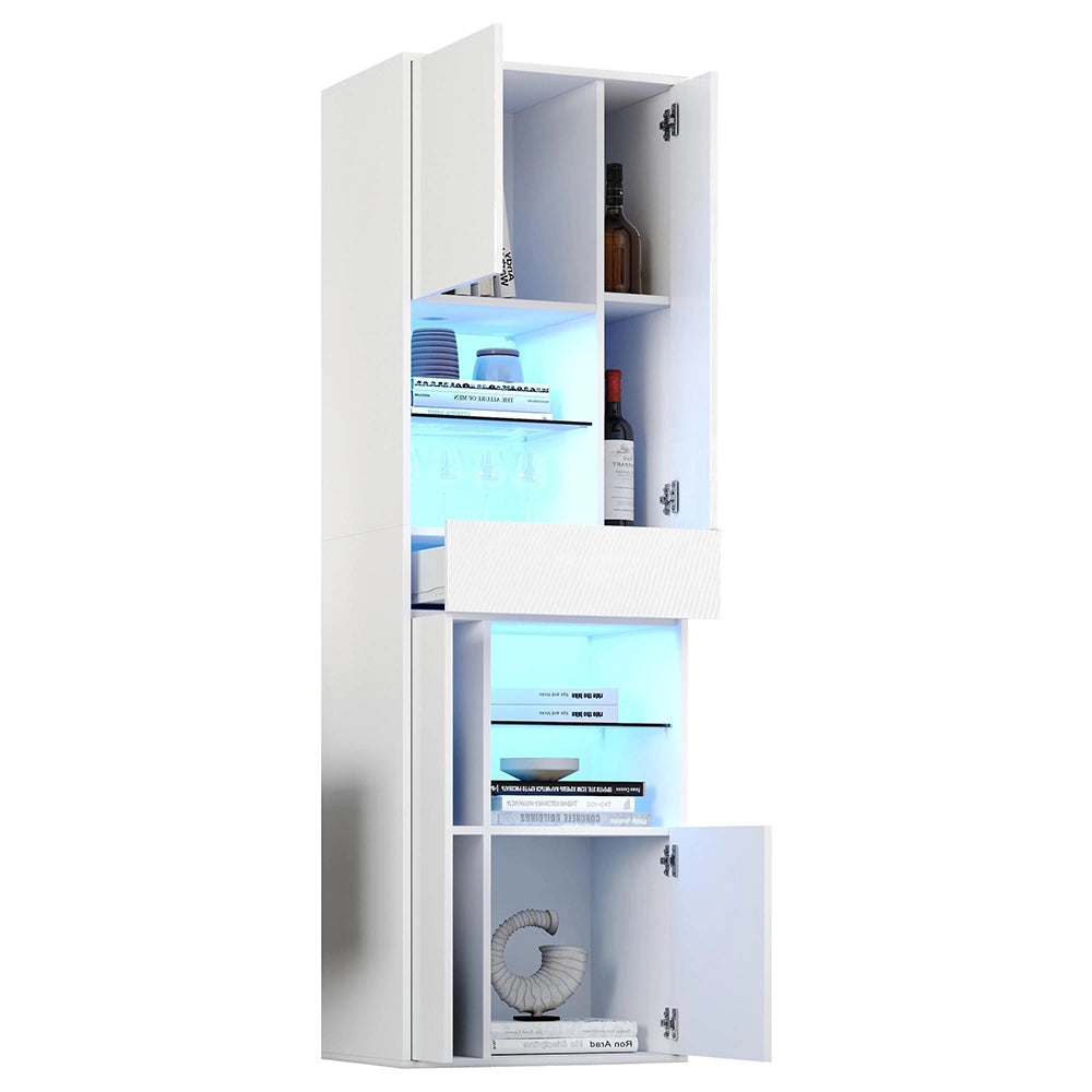 Vetrina esposizione 55x38x170 cm con LED - Xylo - 1 cassetto, 4 ante vetrate, design brillante, bianco