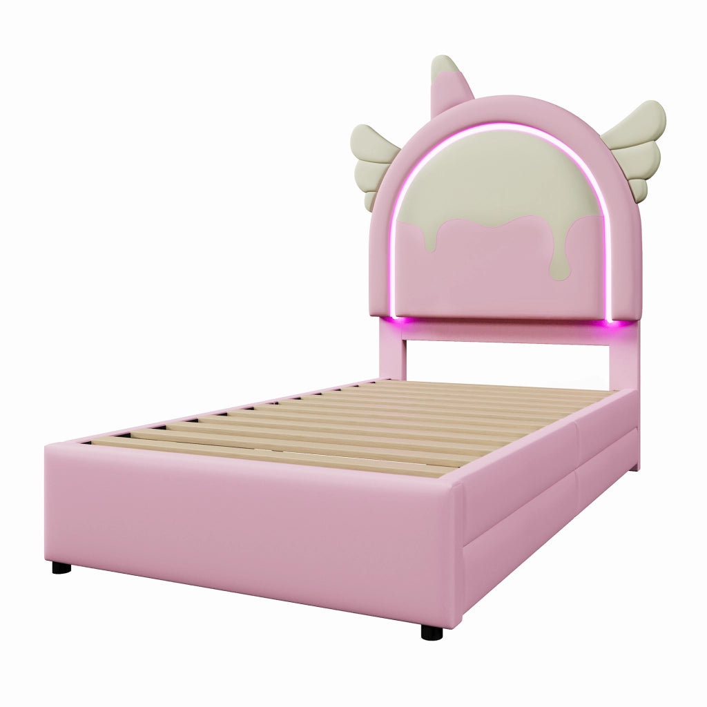 Letto singolo Unicorn 90x200cm con striscia luminosa e 2 cassetti in PU rosa