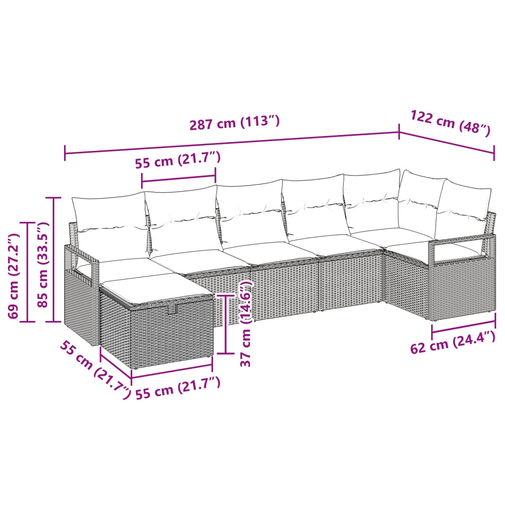 Set di divani da giardino 7 pezzi con cuscini Nero Rattan sintetico