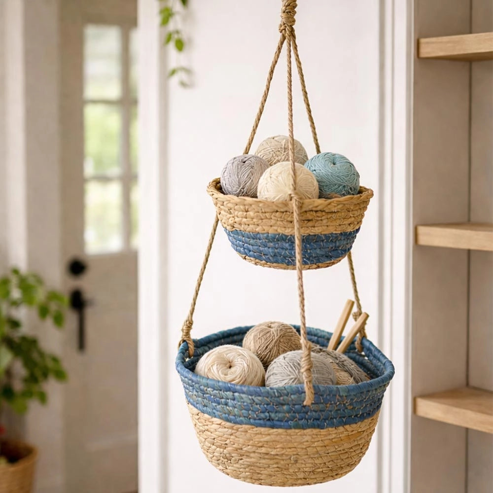 Caspo Pensili Doppi in Corda di Cotone Blu Porta Piante Sospeso h72 cm