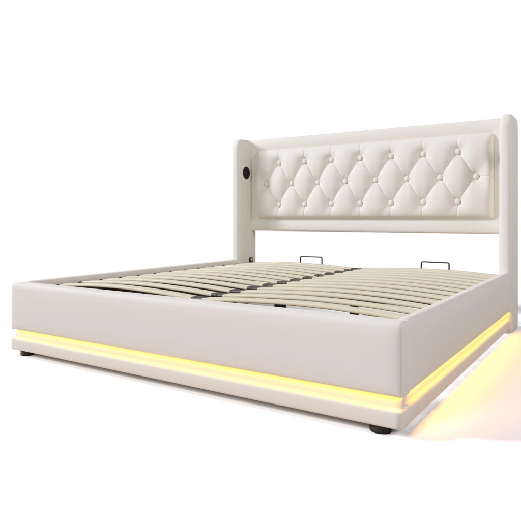 Letto matrimoniale contenitore 180x200 cm in PU bianco con testiera imbottita; USB Type-C e LED