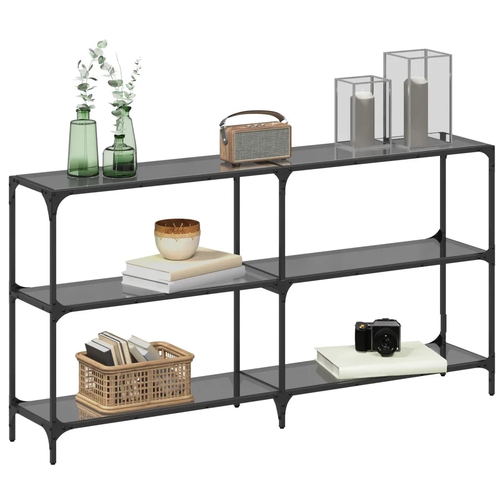 Tavolino Consolle con Piano in Vetro Nero 158,5x30x81cm Acciaio