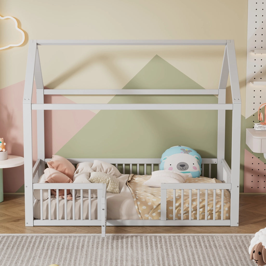 Letto a casa in pino bianco 90x200 cm con sportelli e rete di sicurezza