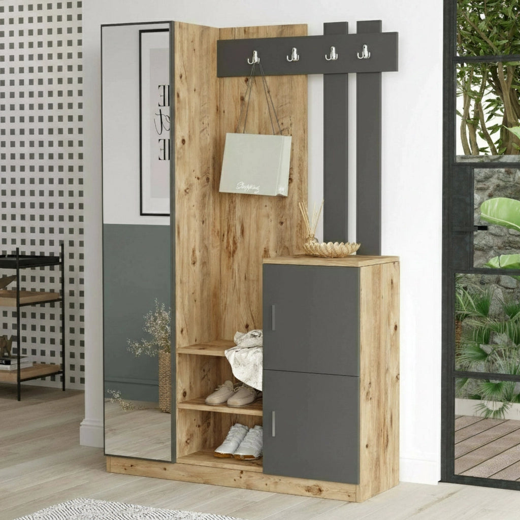 Mobile da ingresso Arco, Entratina appendiabiti, Composizione per atrio, Consolle portaoggetti multifunzione, 114x38h180 cm, Quercia e Antracite