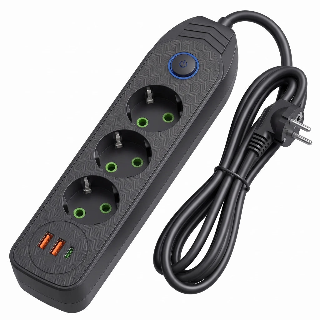 Multipresa Con Prolunga, 3 Prese + 2 Porte Usb-a + Usb-c Jnh024-3b Black