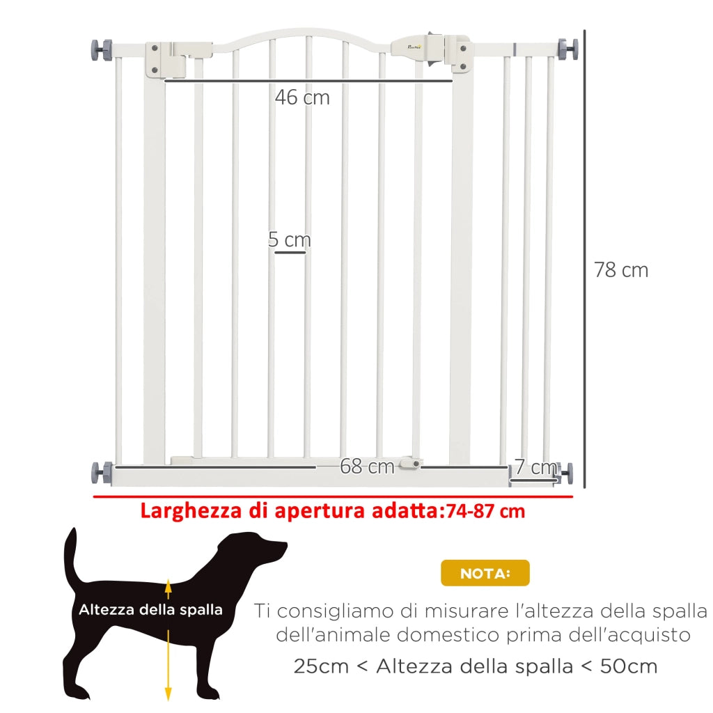 Cancelletto per Cani Estensibile 74-87x78 cm con 2 Blocchi e Chiusura Automatica in Metallo e Plastica Bianco