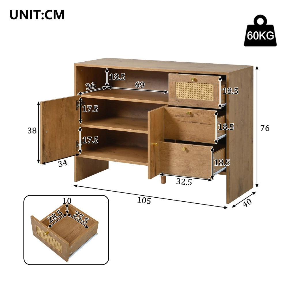 Credenza con 2 Ante e 3 Cassetti in Legno con Rattan ¨C MINIMAL ¨C 105x40x76