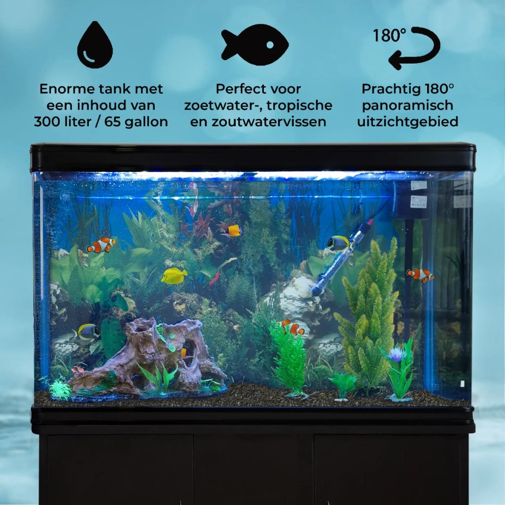 Acquario 300 Litri con Armadietto Nero e Kit con Fondale, Piante e Ghiaia Nera