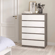 Cassettiera Ansel, Settimino multiuso, Comò camera da letto, Mobile con cassetti, 77x50 h111 cm, Cemento e Bianco lucido