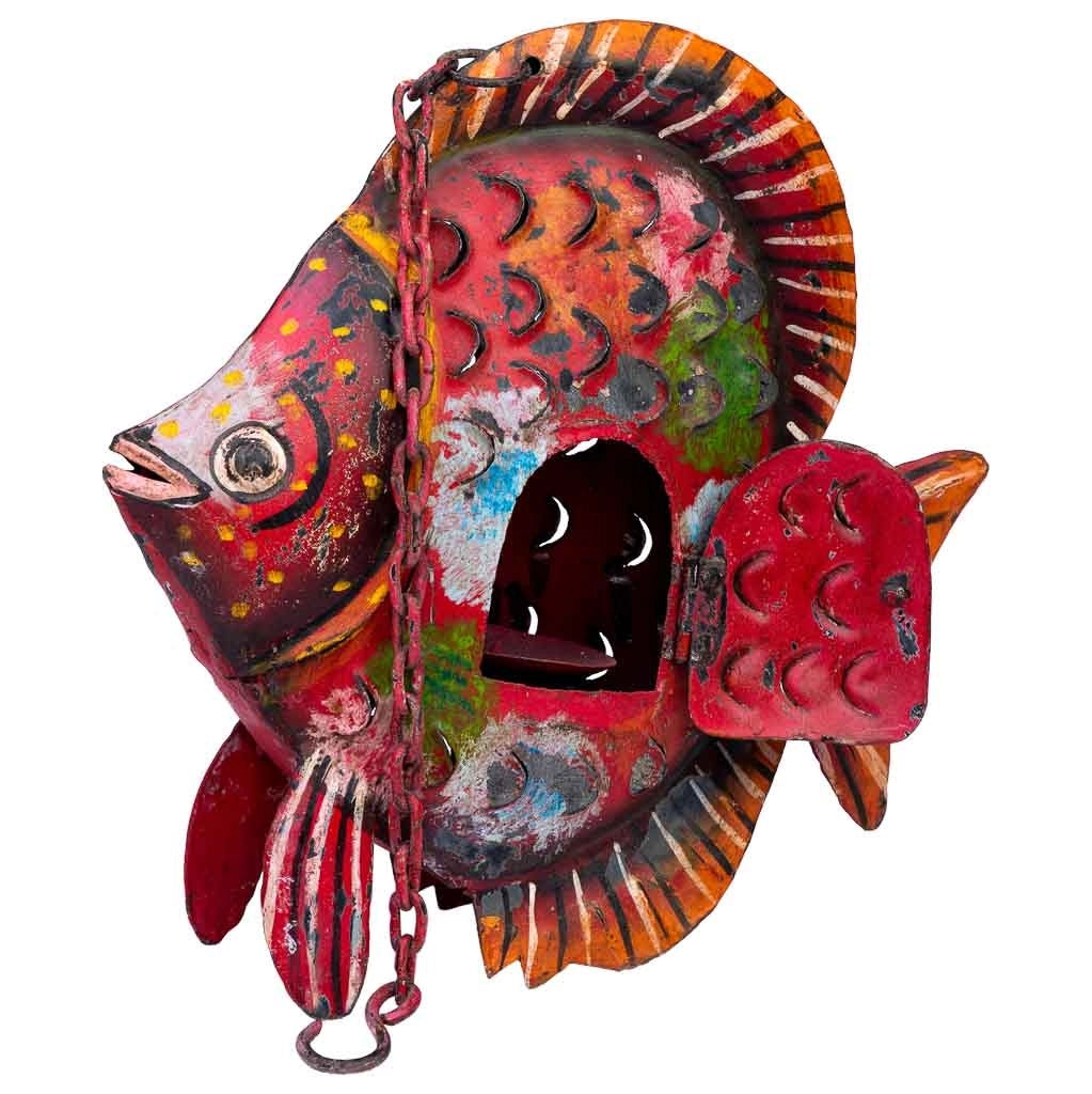 Portacandele pesce rosso in metallo invecchiato 30x9x30