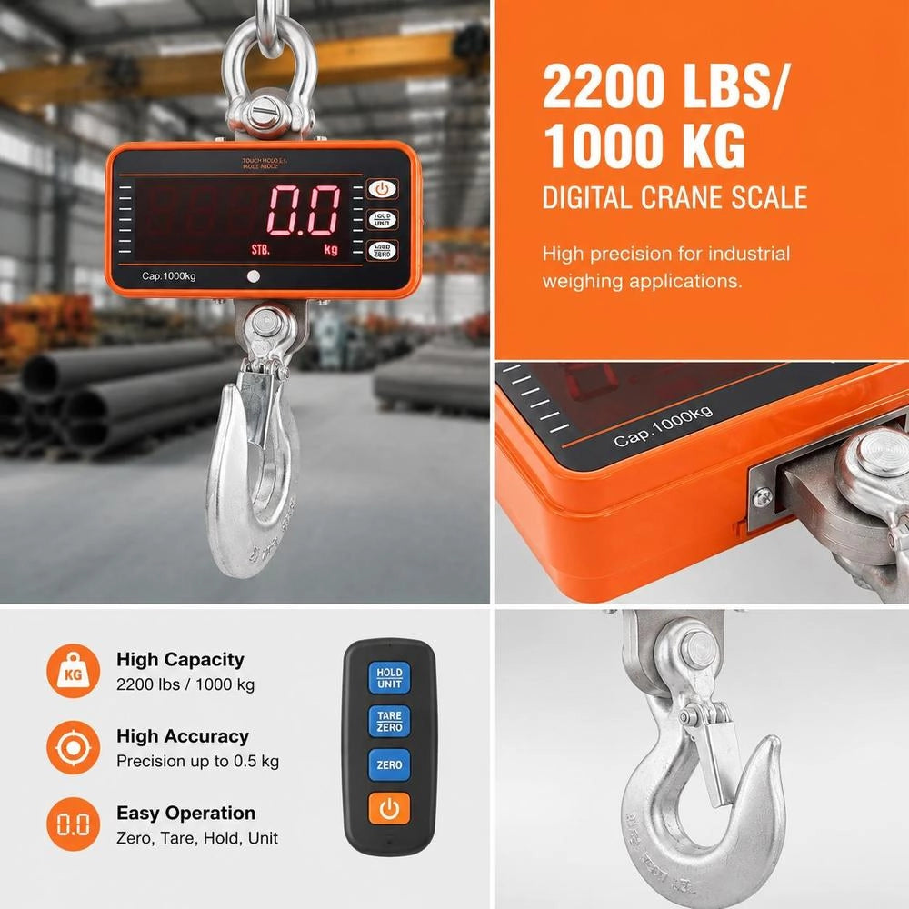 Digital Dynamometer 1000 Kg For Warehouse Workshop Construction Site, Remote Control LED Display Die-Cast Aluminum High Precision Heavy Loads