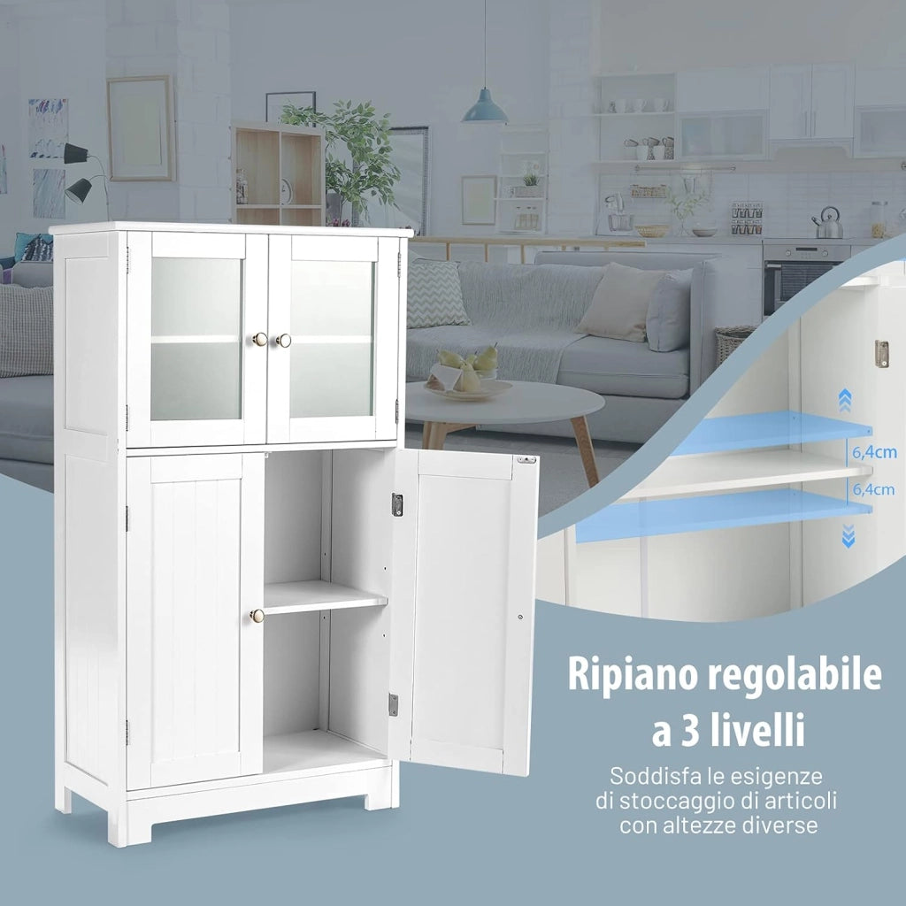 Armadietto del Bagno con 4 Ante, Armadietto con Ante di Vetro, Credenza di Legno con Mensole Regolabili, Organizer Multiuso per Casa Corridoio Salone Ufficio, Bianco