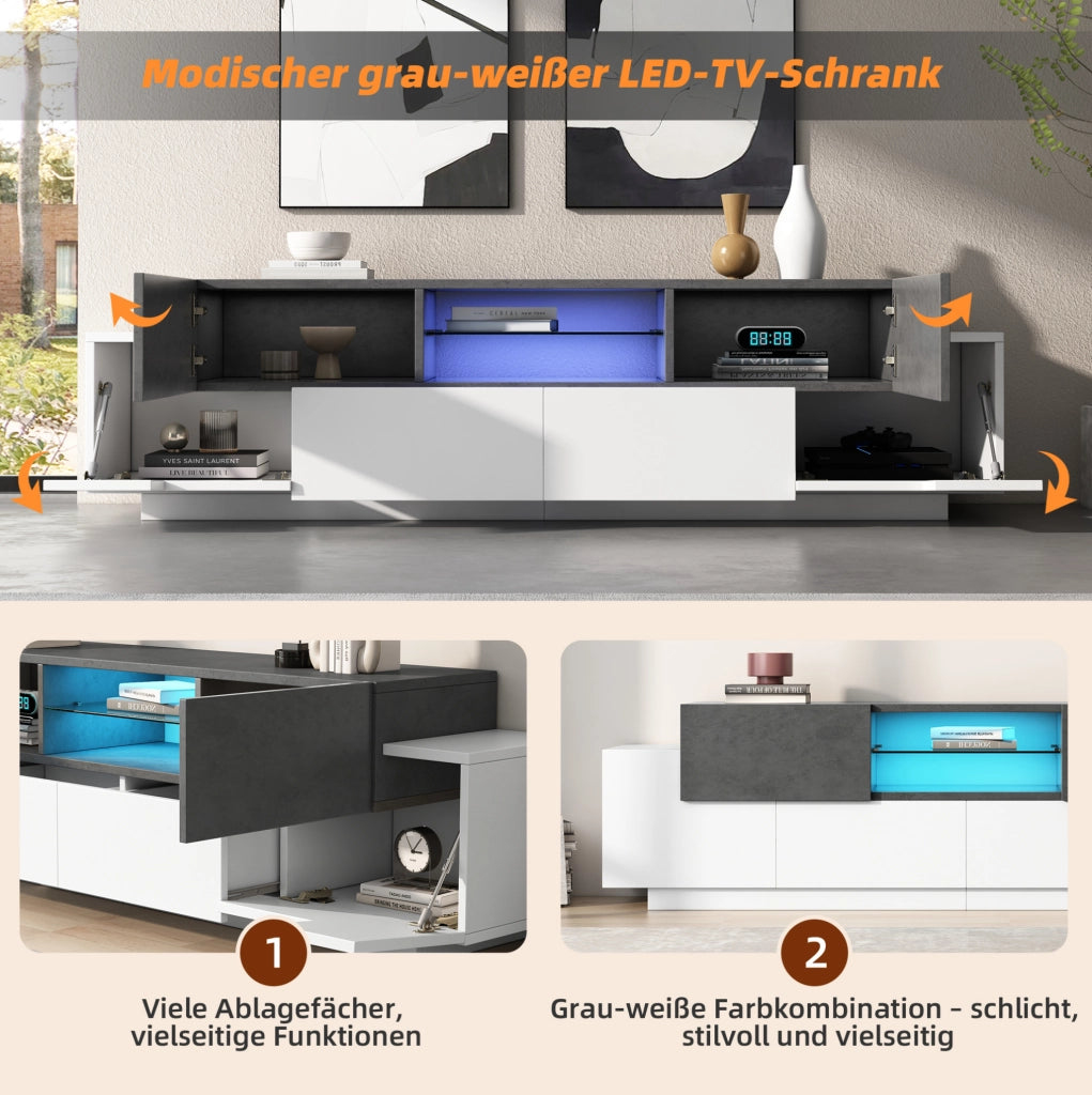 Mobile TV LED 180 cm bianco e grigio effetto marmo con ripiani in vetro