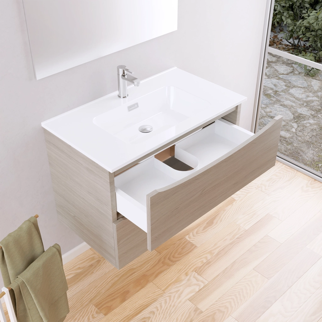 Mobile da bagno sospeso 80cm rovere chiaro con lavabo e specchio | Aspen