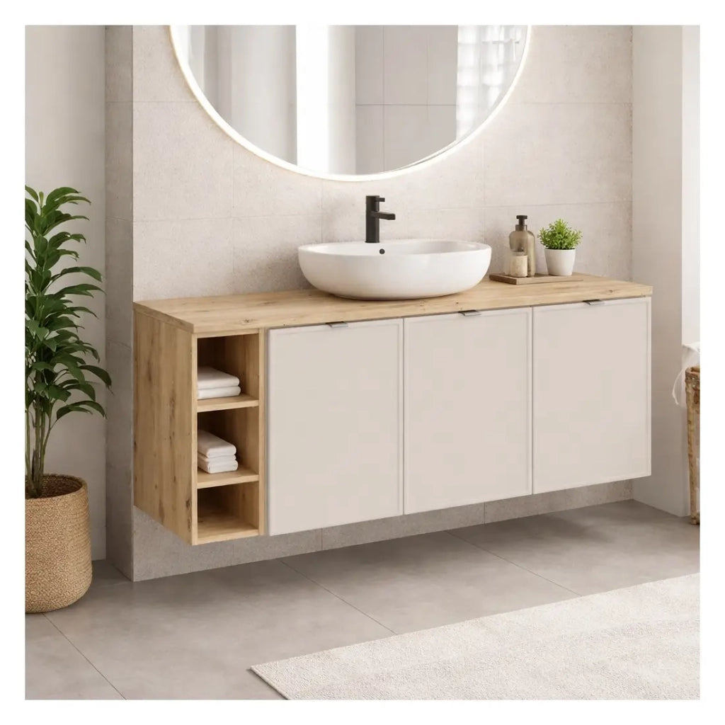 Set bagno BRAZZA: mobile sotto lavabo 140cm con nicchie visibili + piano per lavabo