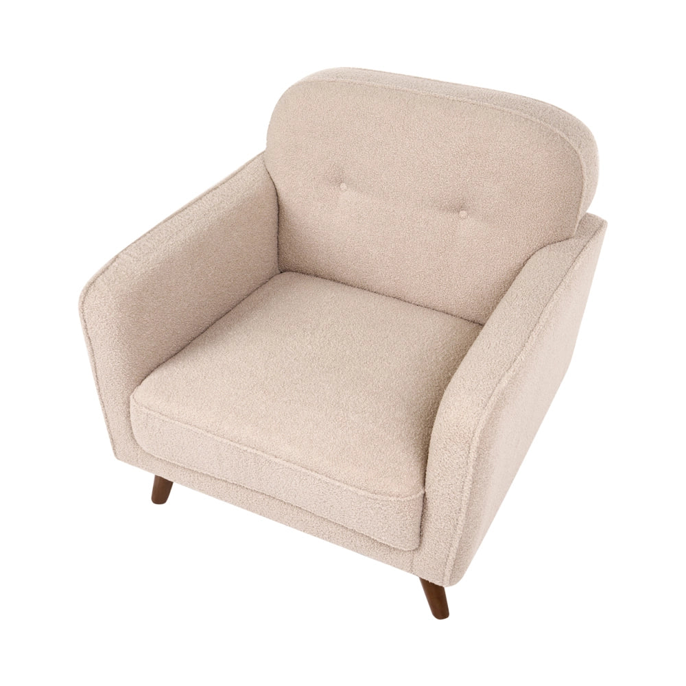 Poltrona beige in bouclé, trapuntatura a bottoni, gambe in rovere, poltrona decorativa, stile tradizionale, soggiorno