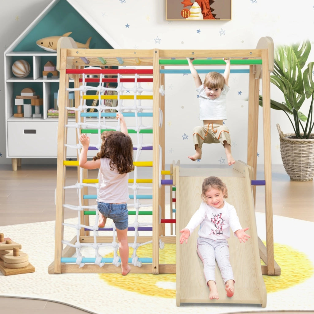 Parco giochi 6-in-1 per bambini 1+ anni con barre di scimmia scivolo corda e scale in legno, Palestra in legno Naturale-Arrampicate e scivoli