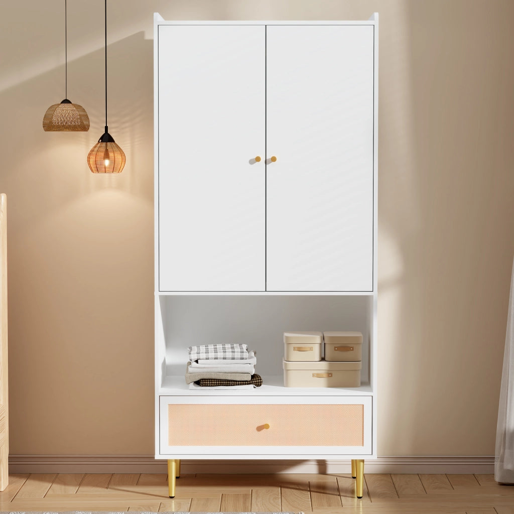 Armadio a 2 ante con cassetto in effetto rattan, barra appendiabiti e ripiano aperto, colore bianco/naturale, 80x48x175 cm