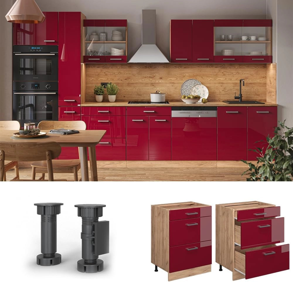Mobiletto base per cucina R-Line, Rosso lucido, 60 cm con cassetti, senza piano di lavoro, per la libera combinazione all'interno di sistemi cucina modulari