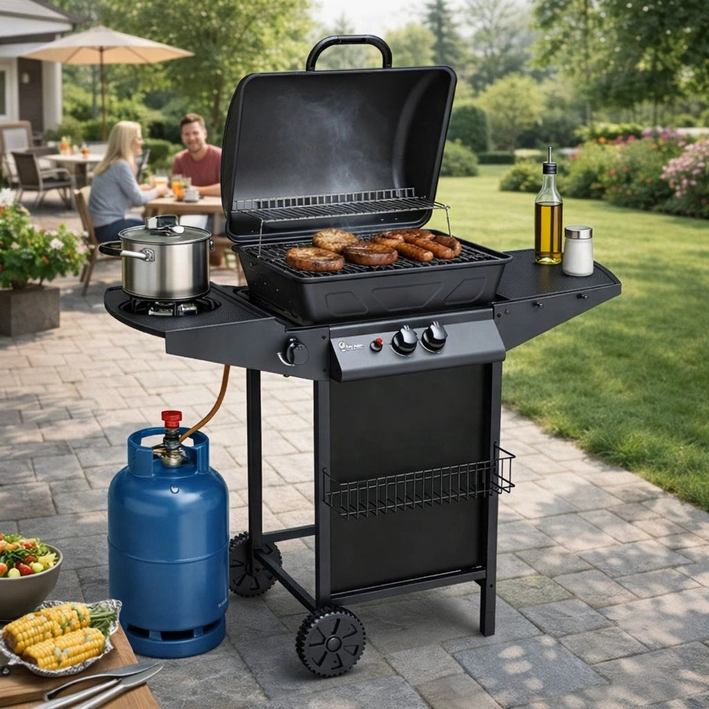 Barbecue a Gas 2 Fuochi con Fornello Laterale, Coperchio e Griglia 37x48 cm, Accensione Piezo, Ruote e Mensola con Ganci