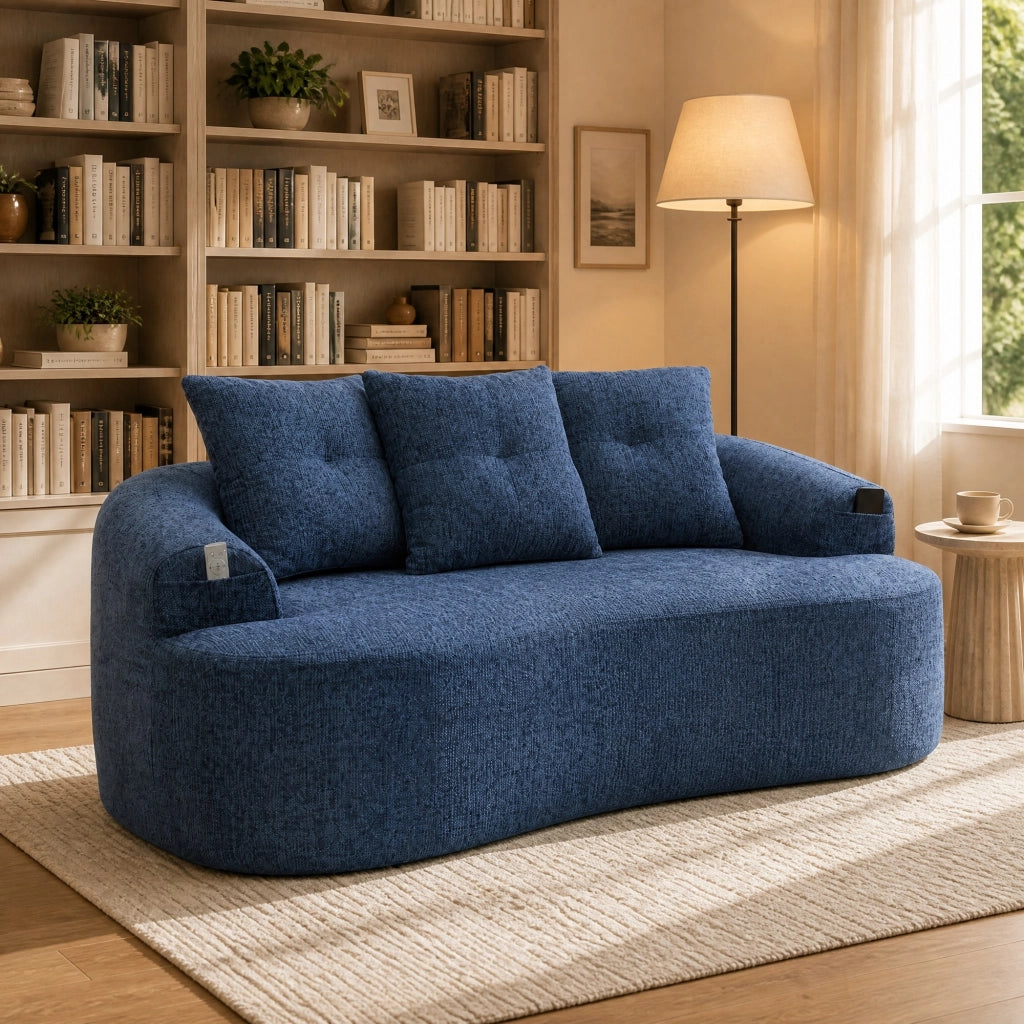 Desviae Divano a 2 posti in ciniglia blu con schiuma compressa molle insacchettate e seduta extra profonda
