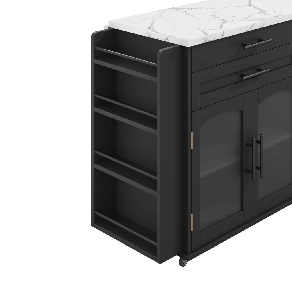 Carrello da cucina con piano pieghevole; cassetti e ante in vetro; MDF; nero