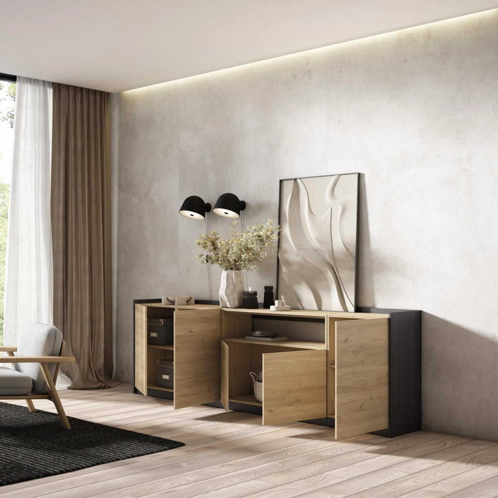 Credenza, Mobile, Cucina, 260x80x37 cm, 5 Porte, grande stoccaggio, Rovere e nero