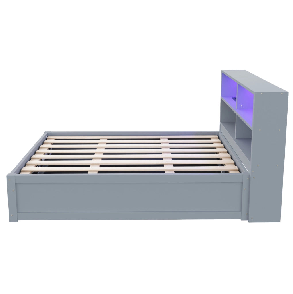 Letto 90x200 cm con presa multifunzione; LED e vani portaoggetti in legno grigio