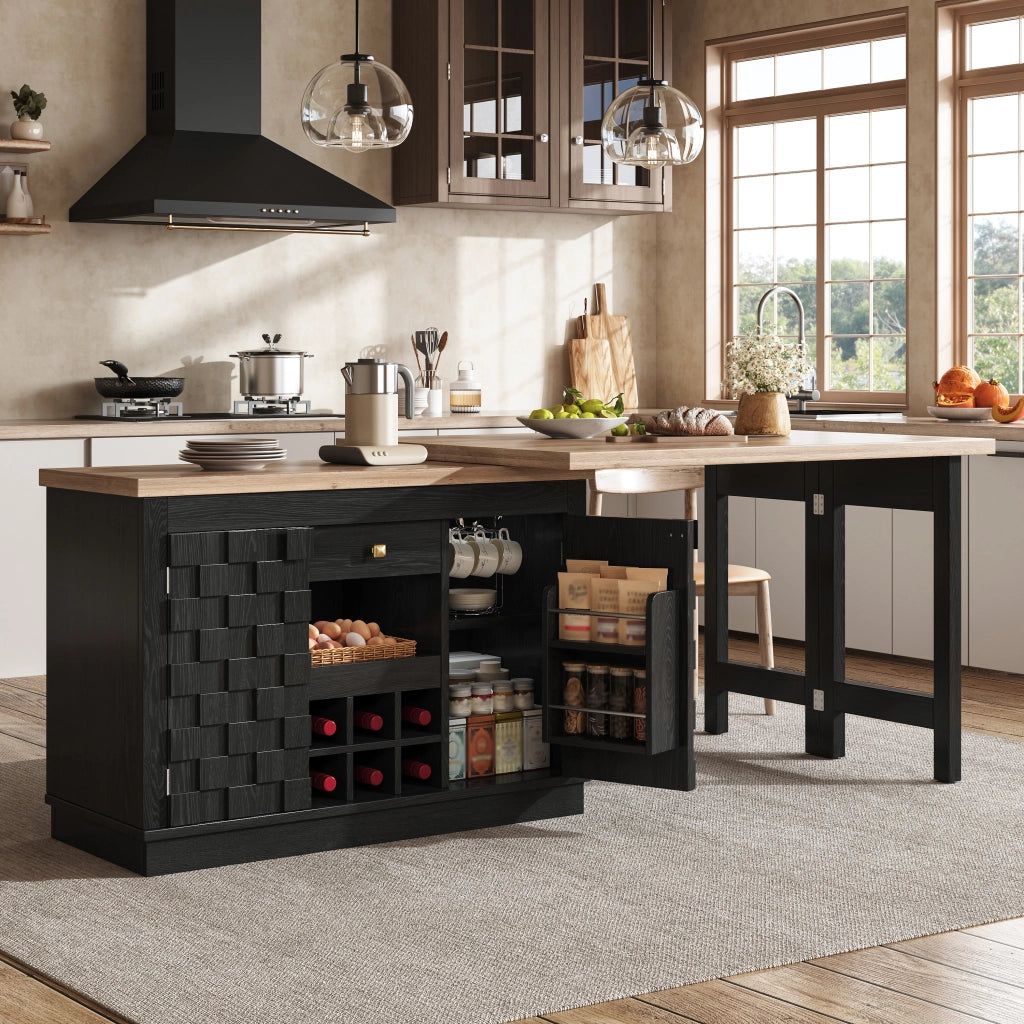 Credenza da cucina girevole a 360° con 2 piani; ante patchwork; 1 cassetto; portabottiglie estraibile; per cucina; MDF nero; 120 × 40 × 74.2 cm