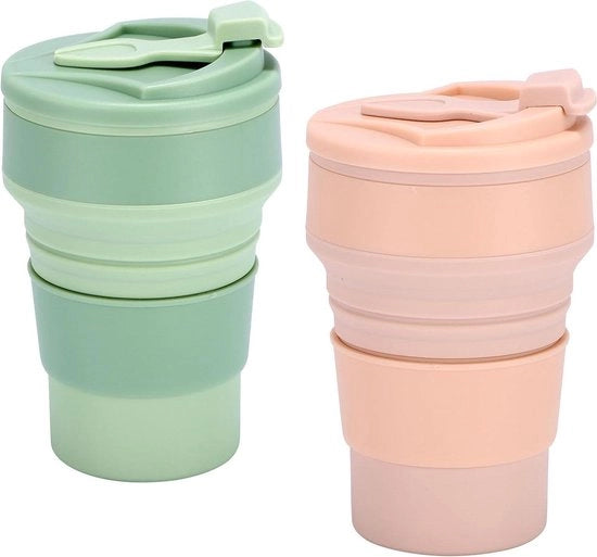 Bicchieri di silicone pieghevoli 350 ml - tazza da caffè e biberon da viaggio - BPA libero - biberon pieghevole con coperchio - campeggio - verde rosa