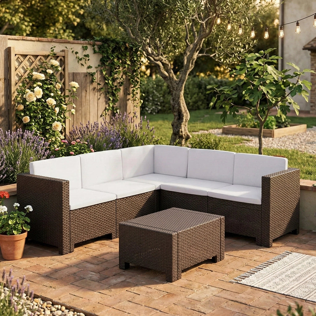 Set salotto da esterno Camerota, Salottino outdoor, Set da balcone o giardino, Composizione soggiorno per esterni, Made in Italy, Marrone