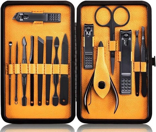 Set di manicure - Set di taglia unghie professionale - Set di pedicure in acciaio inossidabile - 15 pezzi con valigetta - Viaggio - Nero giallo