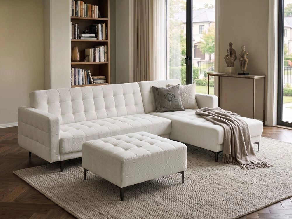 Divano letto angolare in tessuto bianco sporco versione destra con pouf moderno a L componibile