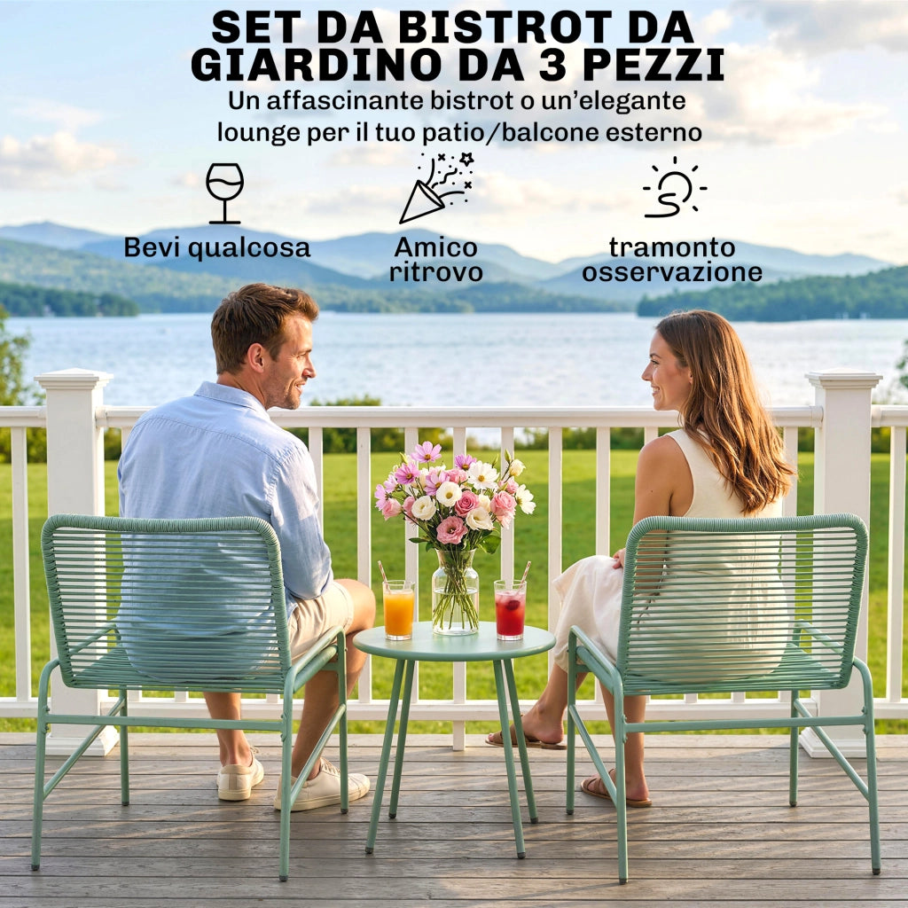 Set Bistr¨° Rattan 3 Pezzi: 2 Sedie, Tavolo Rotondo Giardino, Verde.