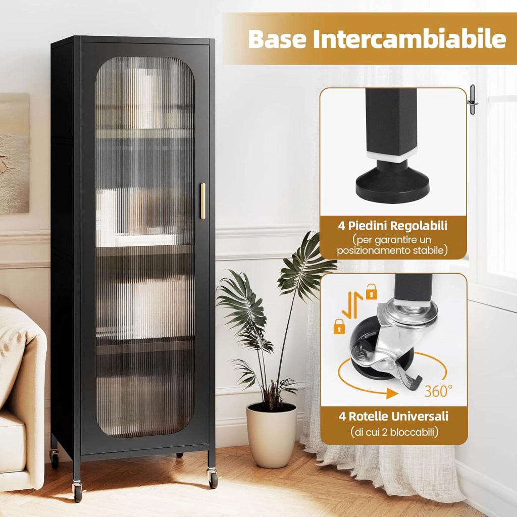 Mobile da Cucina in Metallo a 5 Ripiani, Credenza Salvaspazio con Mensole Regolabili 4 Ruote, Base Intercambiabile e Porta Semitrasparente, Organizzatore per Sala da Pranzo, Soggiorno (Nero)