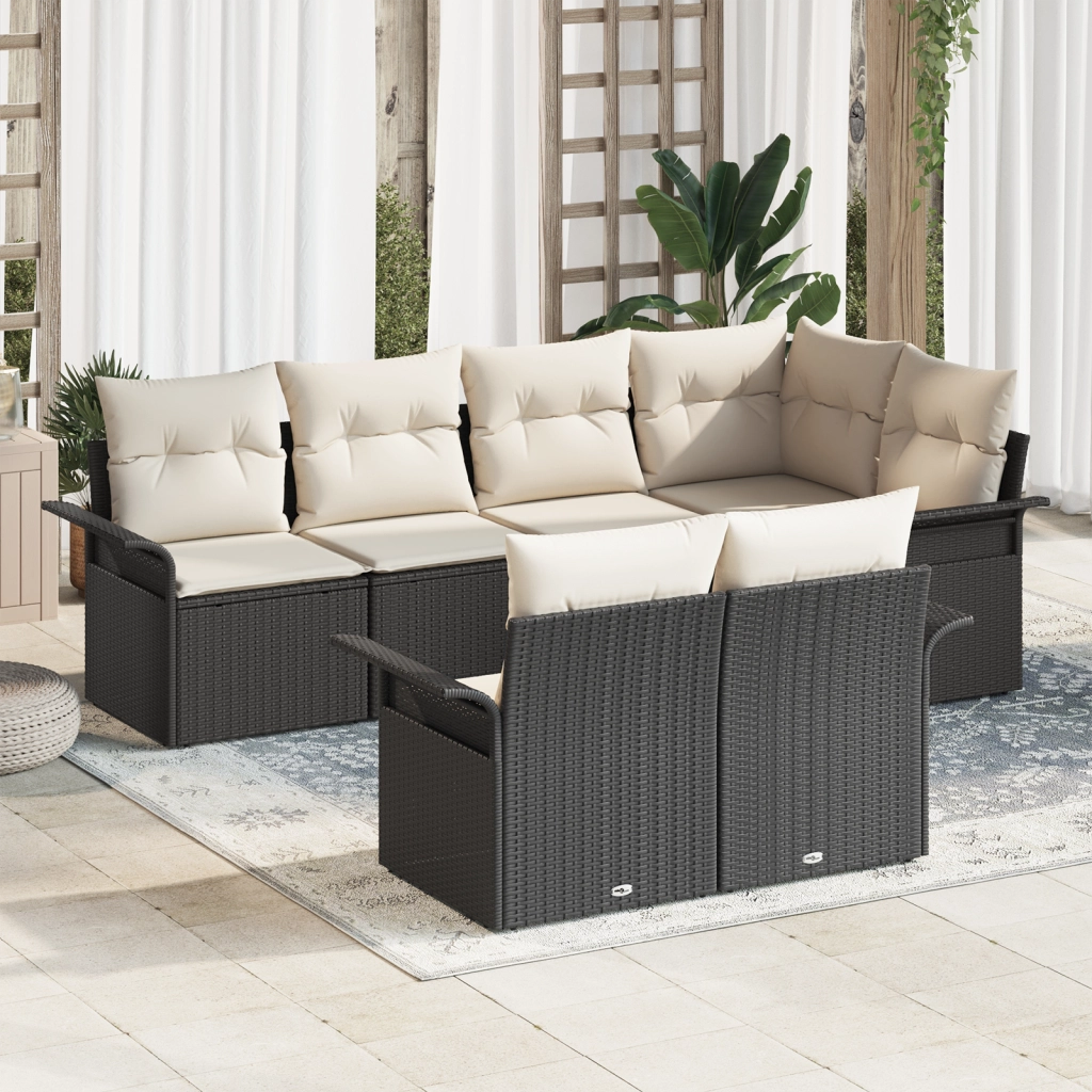 Set Divano da Giardino 7 Pezzi con Cuscini Nero Polyrattan