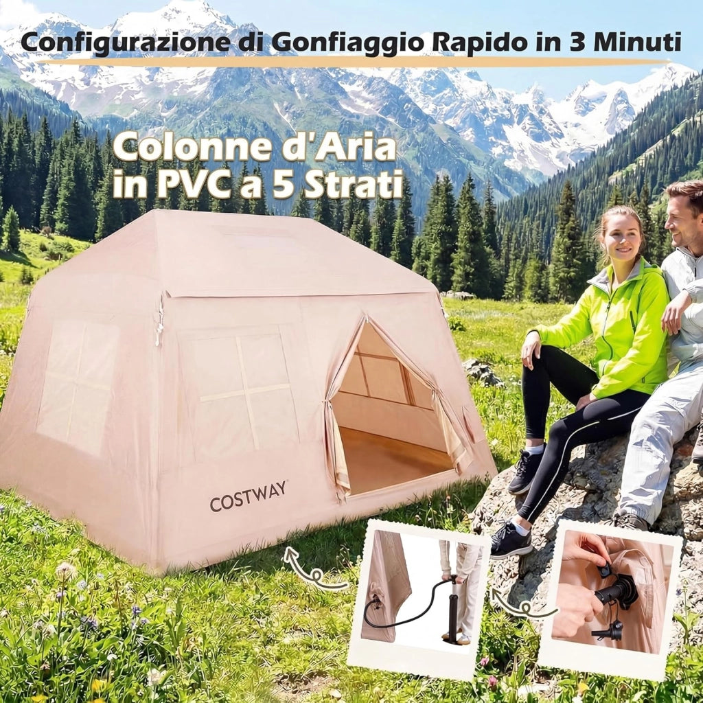 Tenda da Campeggio Gonfiabile per 4-6 Persone, Tenda Portatile da Esterno con Pompa, Porte e Finestre in Rete, Picchetti, Cordini Antivento e Borsa per il Trasporto per Viaggi e Escursionismo